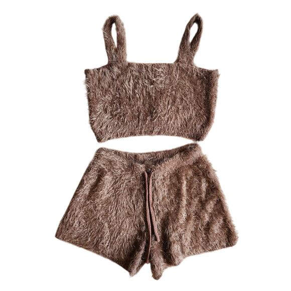 Bootaybag Aspen fuzzy brown set crop top shorts lounge sleep small EUC perfect - Picture 2 of 9